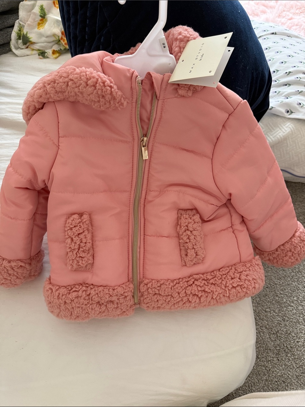 Max Studio Pink Puffy Jacket with Sherpa Trim